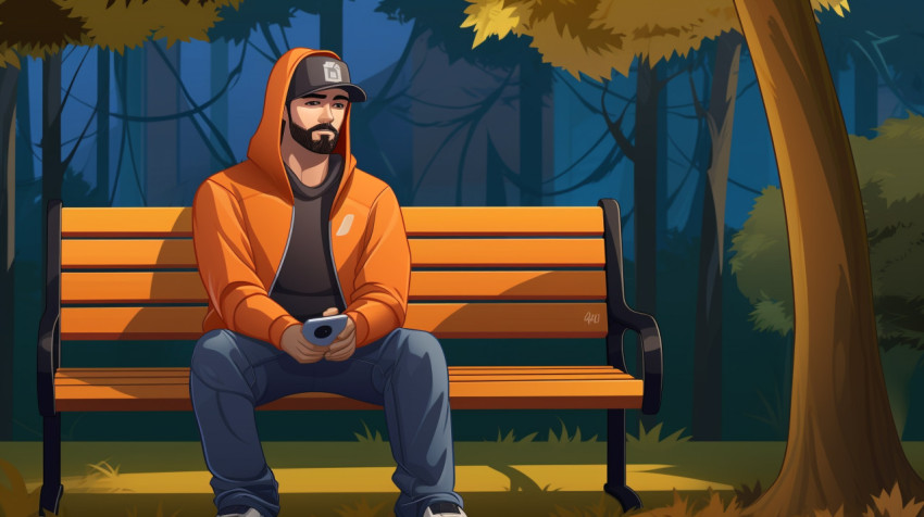 Relaxing on a bench in the park with a hoodie Relaxing on a bench in the park with a hoodie