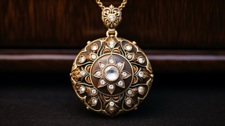 A pendant with diamonds on a brown surface A pendant with diamonds on a brown surface