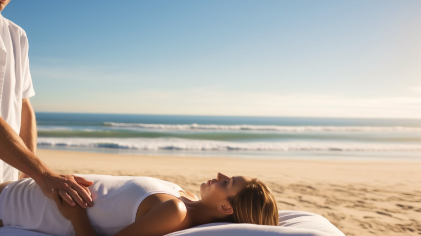 A wide angle shot of a person receiving a massage on a beach A wide angle shot of a person receiving a massage on a beach
