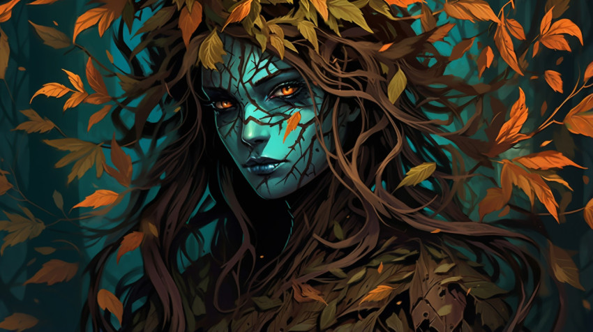 A painting of a woman with leaves A painting of a woman with leaves