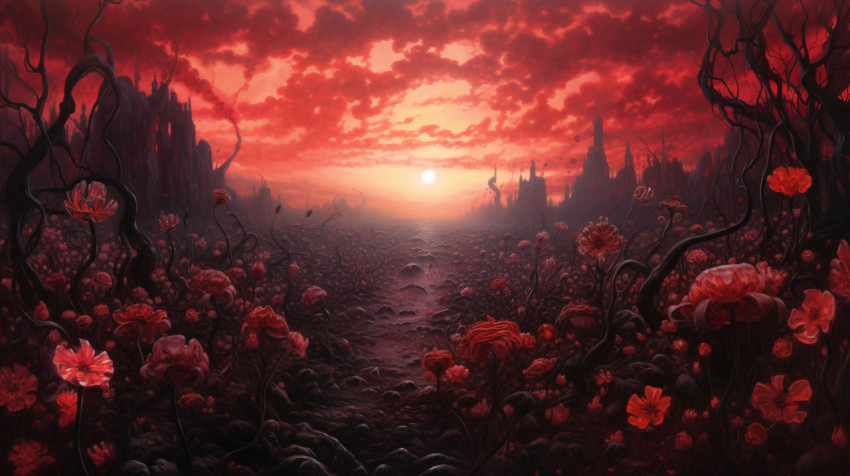 Oil Painting of Flowers and Sunset Oil Painting of Flowers and Sunset