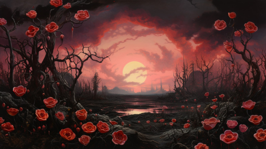 An intense oil painting with flowers and a sunset An intense oil painting with flowers and a sunset