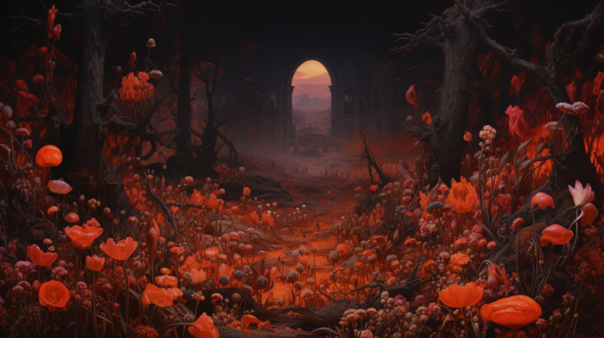 A painting of a medieval fantasy world created with flowers A painting of a medieval fantasy world created with flowers