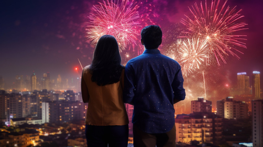 Two Indian people are lighting fireworks on Diwali, with the cit
