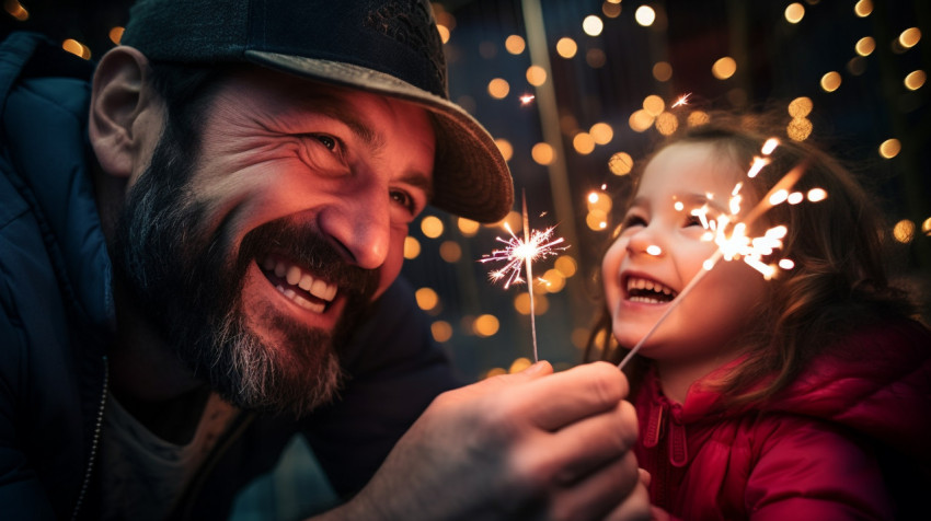 Dad and his little girl are holding a sparkler and having fun to Dad and his little girl are holding a sparkler and having fun to