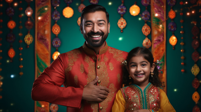 A father and daughter stand in front of a background decorated f