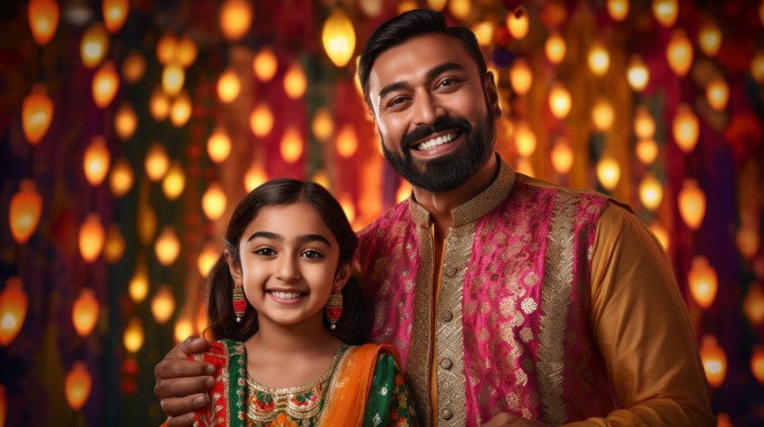 A father and daughter stand in front of a background decorated f
