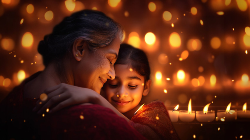 A mom and her daughter are hugging each other very closely A mom and her daughter are hugging each other very closely
