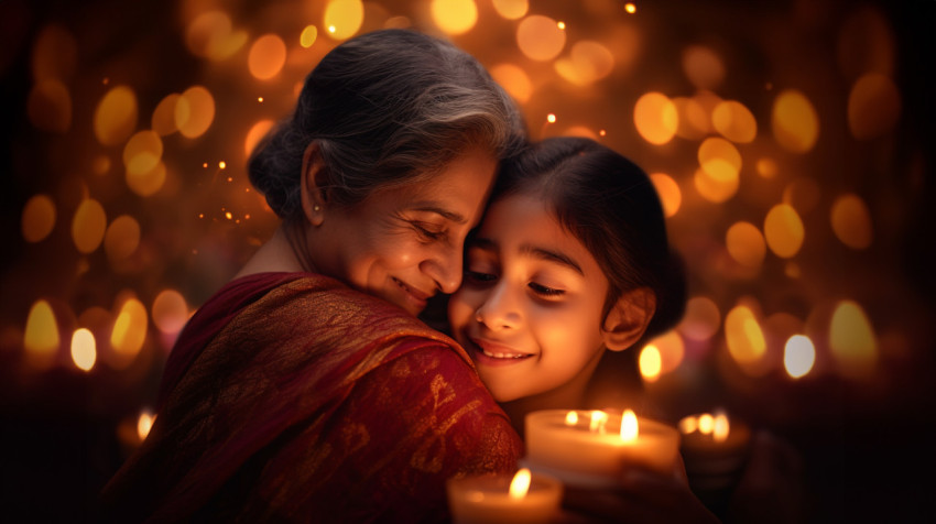 A mom and her daughter are hugging each other very closely A mom and her daughter are hugging each other very closely