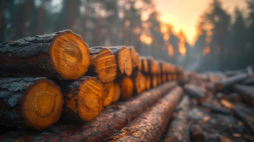 Logs neatly stacked in the forest creating a rustic and serene scene in the woods Logs neatly stacked in the forest creating a rustic and serene scene in the woods
