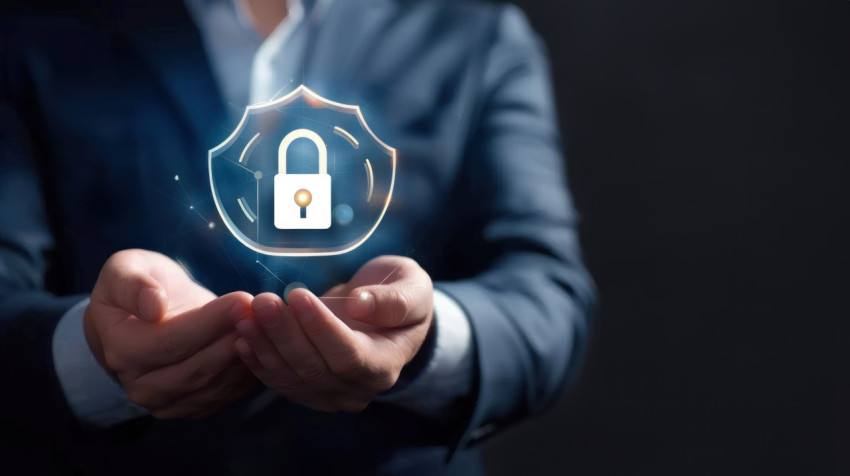 A businessman holding virtual padlock icon on dark background A businessman holding virtual padlock icon on dark background