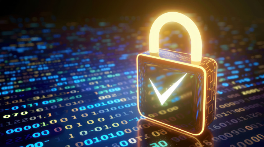 A glowing padlock with checkmark icon on binary code background A glowing padlock with checkmark icon on binary code background