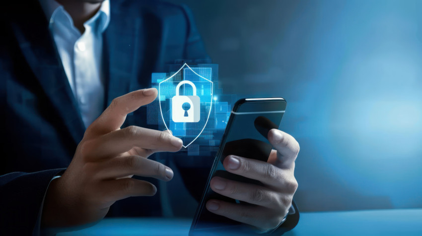 A businessman using smartphone with digital virtual padlock and security shield icon on blue background A businessman using smartphone with digital virtual padlock and security shield icon on blue background