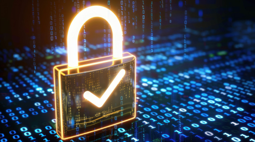 A glowing padlock with checkmark icon on binary code background A glowing padlock with checkmark icon on binary code background