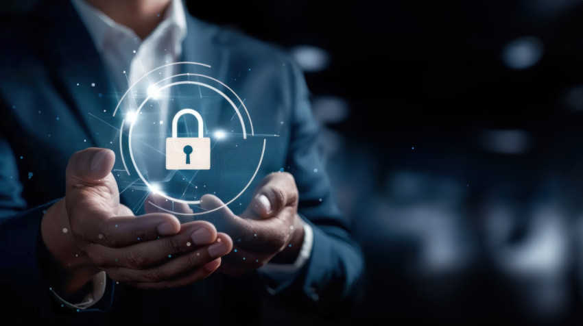 A businessman holding virtual padlock icon on dark background A businessman holding virtual padlock icon on dark background