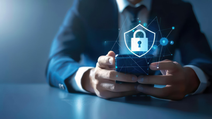 A businessman using smartphone with digital virtual padlock and security shield icon on blue background A businessman using smartphone with digital virtual padlock and security shield icon on blue background