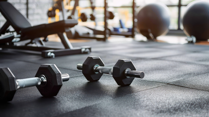 A gym floor with various dumbbells and fitness equipment A gym floor with various dumbbells and fitness equipment, no people in sight, showing exercise and training environment