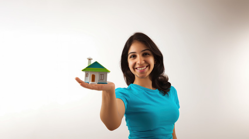 A smiling woman holding out her hand palm up with an open house model on against a stark white background A smiling woman holding out her hand palm up with an open house model on against a stark white background