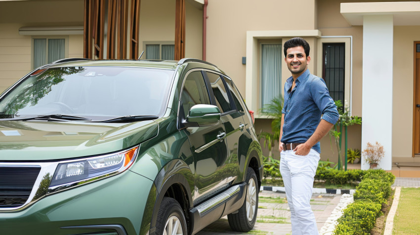 A handsome Indian man standing next to his green car parked in front of a modern house A handsome Indian man standing next to his green car parked in front of a modern house