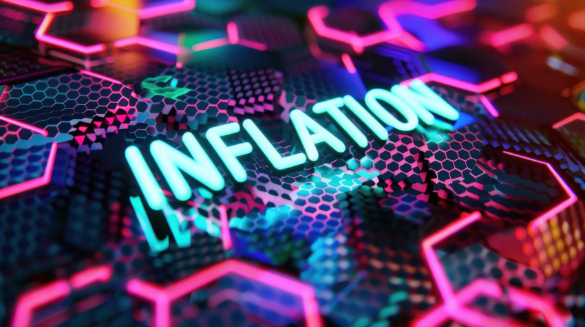 3D digital text inflation with pixelated neon background illustrating economic concept and digital technology