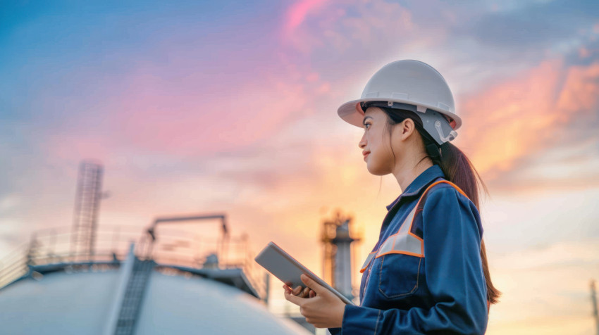 A young Asian female engineer wearing an oil and gas helmet hold A young Asian female engineer wearing an oil and gas helmet hold