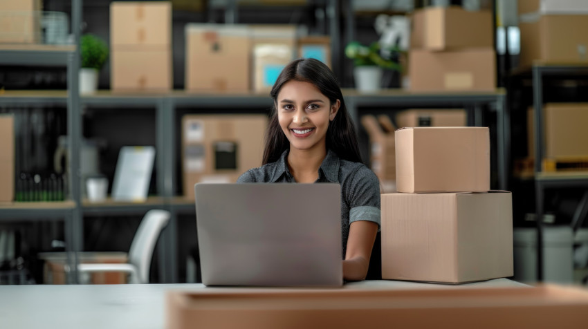 A young smiling Indian woman preparing a product for carton box delivery in warehouse demonstrating efficiency and preparation in logistic A young smiling Indian woman preparing a product for carton box delivery in warehouse demonstrating efficiency and preparation in logistic