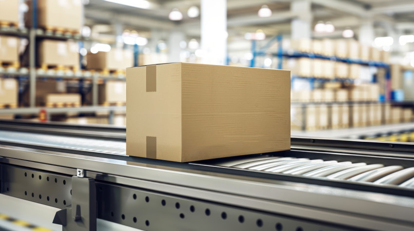 A cardboard box moves on conveyor belt in warehouse with motion blur background showing speed and efficiency in industrial logistics A cardboard box moves on conveyor belt in warehouse with motion blur background showing speed and efficiency in industrial logistics
