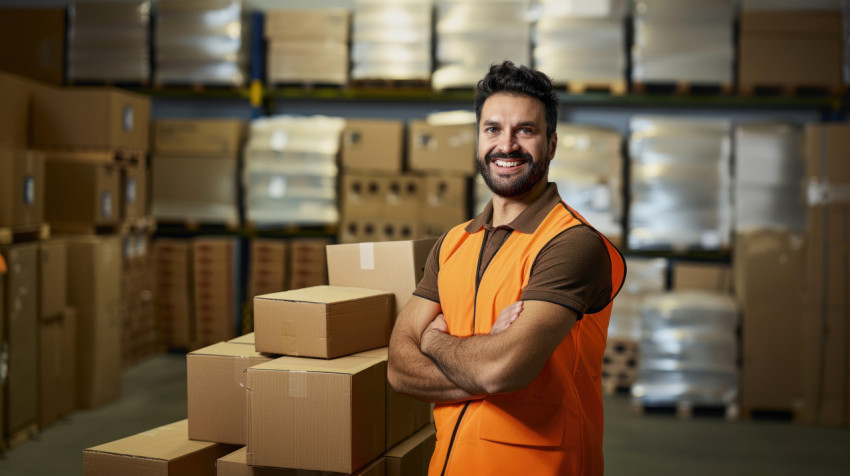 A happy smiling American warehouse worker wearing a yellow vest stands in front of many cardboard boxes showing positive and hardworking concept A happy smiling American warehouse worker wearing a yellow vest stands in front of many cardboard boxes showing positive and hardworking concept