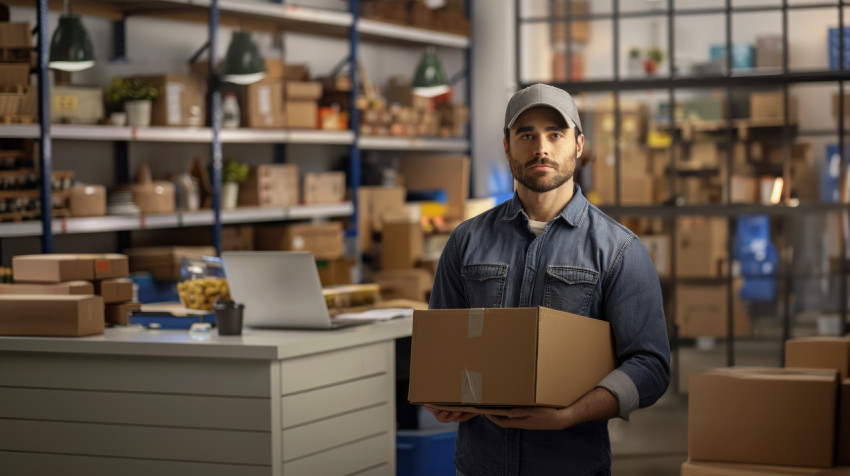 An American delivery man holds cardboard boxes in warehouse standing in front of desk with laptop illustrating logistics and delivery operations An American delivery man holds cardboard boxes in warehouse standing in front of desk with laptop illustrating logistics and delivery operations