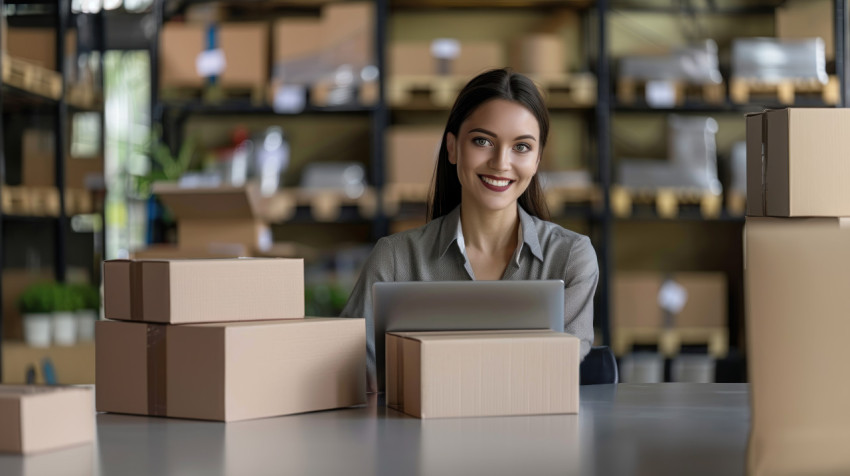 A young smiling American woman preparing a product for carton box delivery in warehouse demonstrating efficiency and preparation in logistic A young smiling American woman preparing a product for carton box delivery in warehouse demonstrating efficiency and preparation in logistic