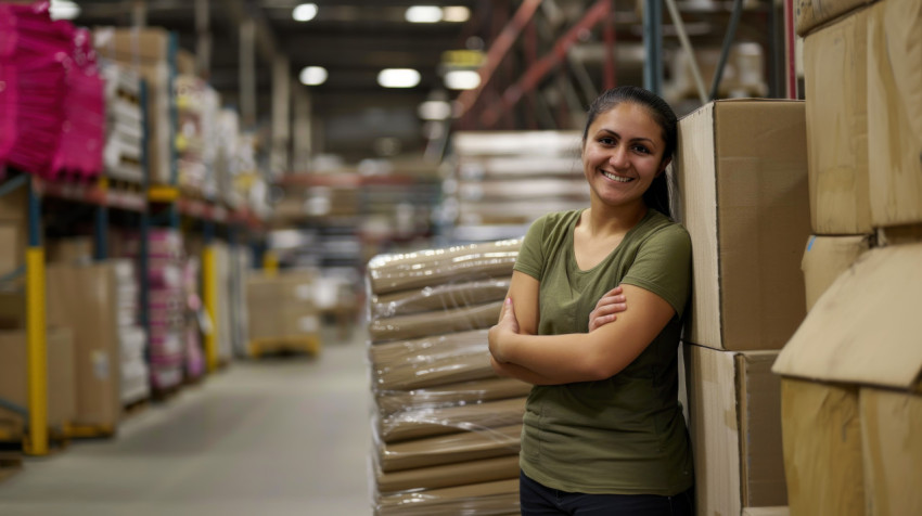 An american woman in green tshirt stands next to large boxes of furniture in warehouse showing logistics storage and warehouse concept An american woman in green tshirt stands next to large boxes of furniture in warehouse showing logistics storage and warehouse concept