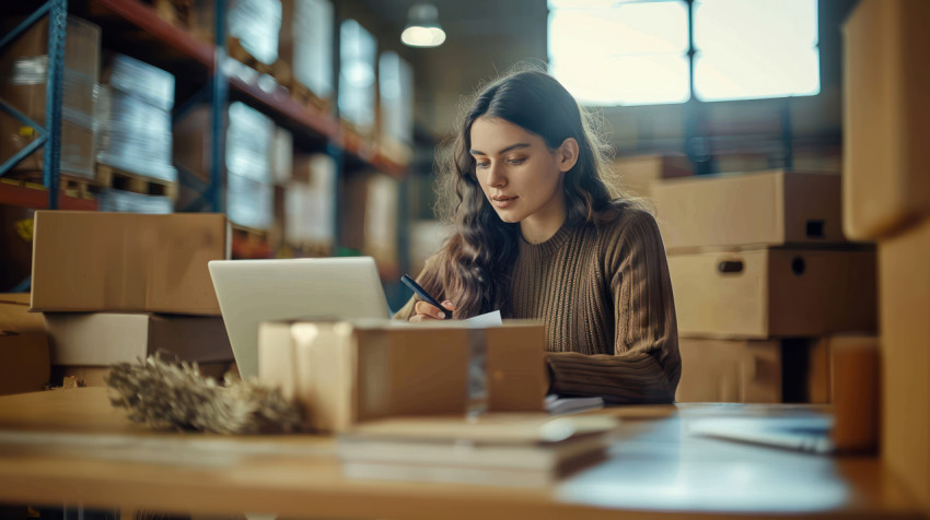 A young American woman sits at desk in warehouse writing on package with marker while using laptop showing work and organization concept A young American woman sits at desk in warehouse writing on package with marker while using laptop showing work and organization concept