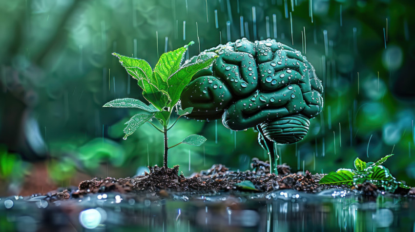 A brain shaped plant sprouting in the ground with water droplets on it and rain falling above it symbolizing growth nature and nourishment A brain shaped plant sprouting in the ground with water droplets on it and rain falling above it symbolizing growth nature and nourishment