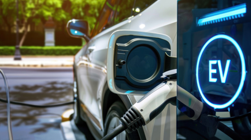 A digital illustration of an electric vehicle charging with digital display showing the text EV illustrating futuristic energy and sustainable transportation concept