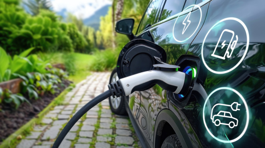 An electric vehicle charging station with virtual EV icons illustrating futuristic energy and sustainable transportation concept