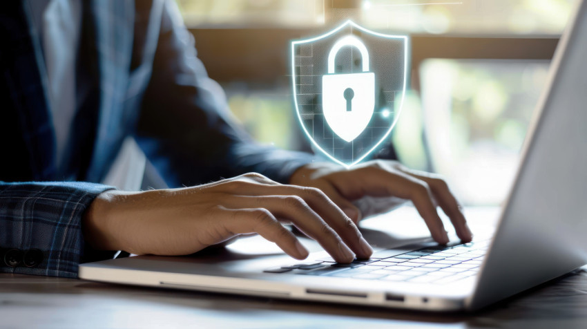 A business person types on laptop with digital padlock and shield icons floating above illustrating cyber security concept A business person types on laptop with digital padlock and shield icons floating above illustrating cyber security concept