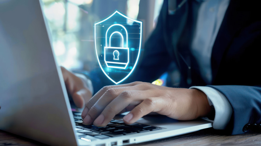 A business person types on laptop with digital padlock and shield icons floating above illustrating cyber security concept A business person types on laptop with digital padlock and shield icons floating above illustrating cyber security concept
