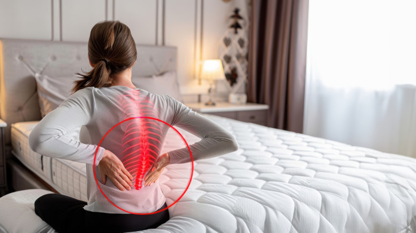 A woman with back pain sits on the edge of her bed showing discomfort and health issues A woman with back pain sits on the edge of her bed showing discomfort and health issues