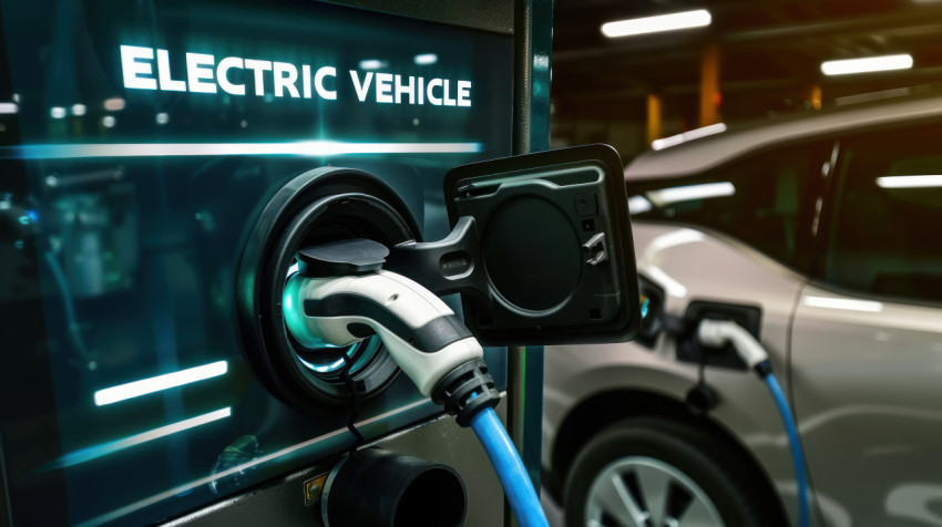 Electric vehicle charging at station with the digital text electric vehicle EV concept