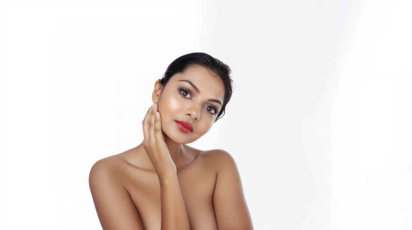 An Indian woman with a perfect face and woman touching her cheek against a white background skincare background An Indian woman with a perfect face and woman touching her cheek against a white background skincare background