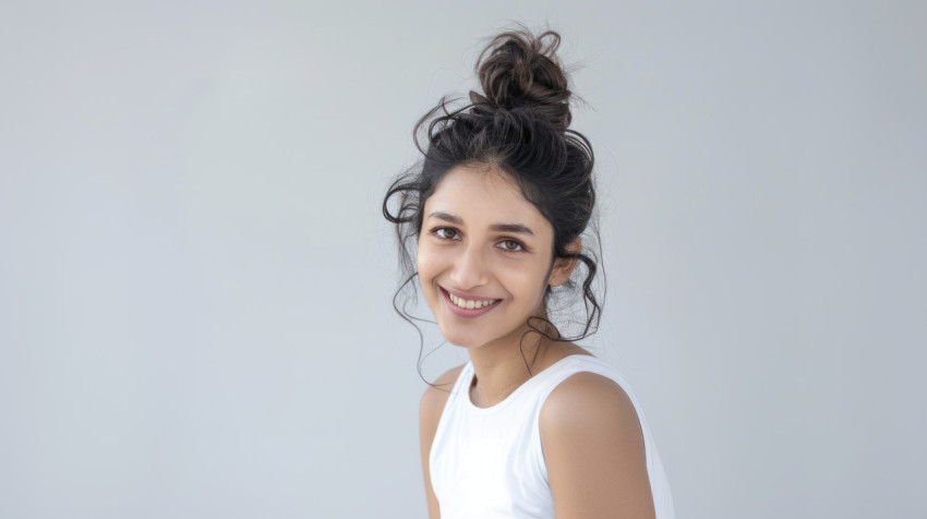 An Indian woman wearing a white sleeveless top smiling against a plain light grey background skincare concept An Indian woman wearing a white sleeveless top smiling against a plain light grey background skincare concept