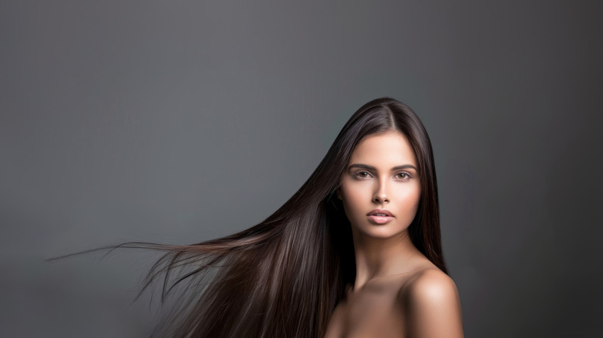An Indian woman with long straight hair set against a gray background skincare concept An Indian woman with long straight hair set against a gray background skincare concept