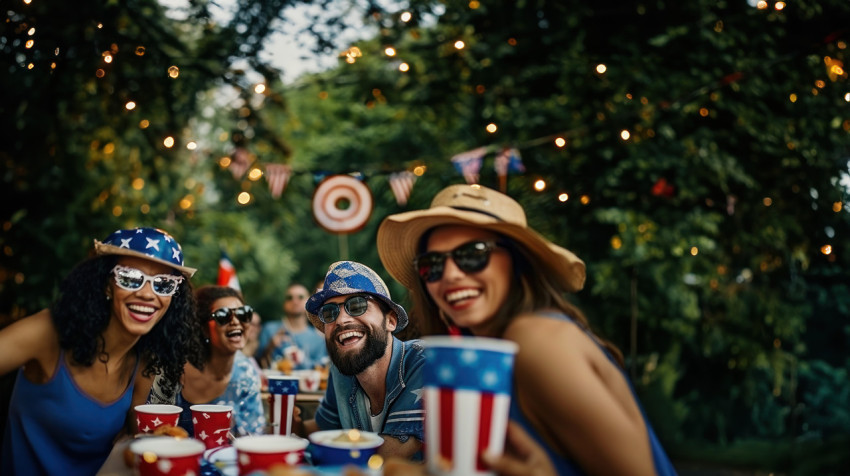 A group of friends having fun an outdoor party dressed in USA outfits and wearing sunglasses showing friendship day A group of friends having fun an outdoor party dressed in USA outfits and wearing sunglasses showing friendship day