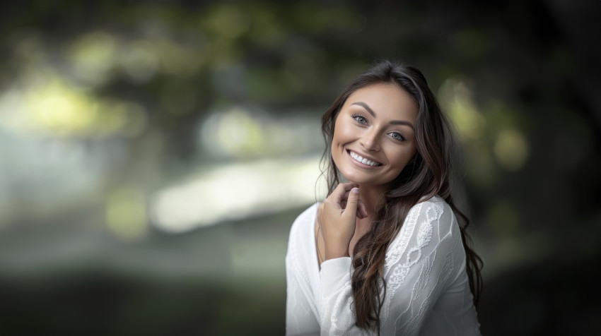 An american woman smiling with her hand under her chin in posing for a blurred background skincare concept An american woman smiling with her hand under her chin in posing for a blurred background skincare concept