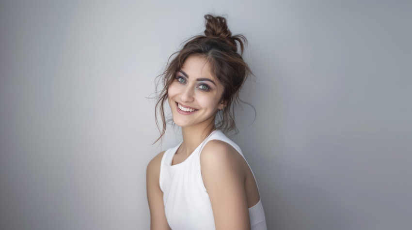 An American woman wearing a white sleeveless top smiling against a plain light grey background skincare concept An American woman wearing a white sleeveless top smiling against a plain light grey background skincare concept