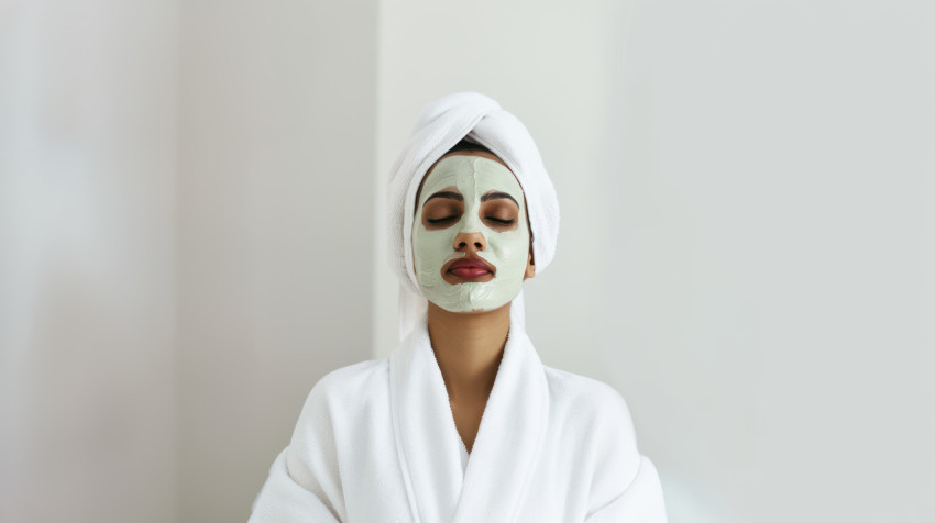 An Indian woman wearing a white robe and towel receiving a facial treatment at a spa salon Beauty treatment concept An Indian woman wearing a white robe and towel receiving a facial treatment at a spa salon Beauty treatment concept