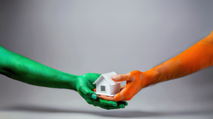 Two hands painted in orange and green colors holding white model house against gray background Independence Day Two hands painted in orange and green colors holding white model house against gray background Independence Day