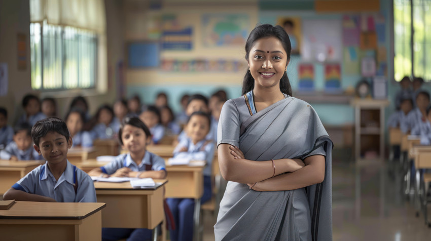 Young indian female teacher in sari with arms crossed smiling at camera celebrating teachers day Young indian female teacher in sari with arms crossed smiling at camera celebrating teachers day, confident and happy, teacher appreciation