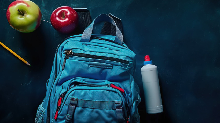 Blue backpack surrounded by scattered school supplies like apples and pencils on a dark background celebrating teachers day Blue backpack surrounded by scattered school supplies like apples and pencils on a dark background celebrating teachers day, educational tools, classroom preparation