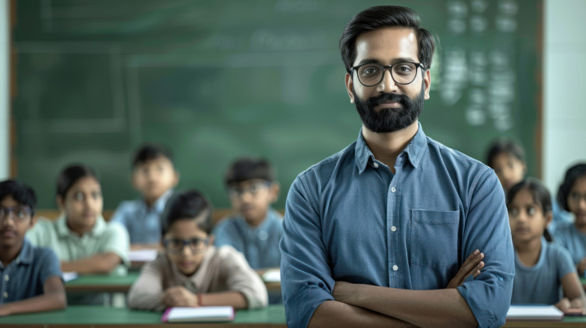 Handsome indian male teacher with glasses and blue shirt standing proudly in front of seated students celebrating teachers day classroom leadership Handsome indian male teacher with glasses and blue shirt standing proudly in front of seated students celebrating teachers day classroom leadership, educational guidance, student teacher connection
